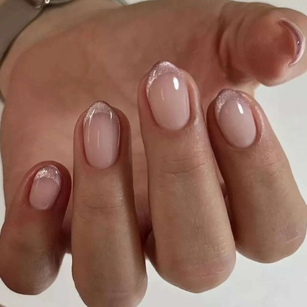 24Pcs Glamorous French Almond Fake Nails with Gold Edge Glitter - Stunning Swirl Metal Nail Art for Effortless Elegance