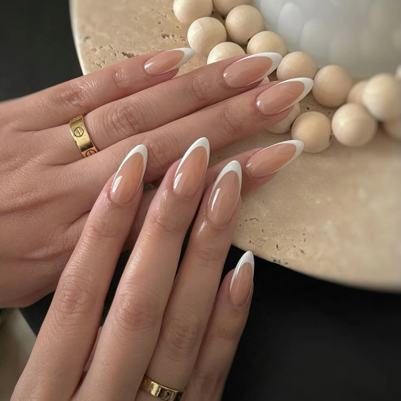 24Pcs Glamorous French Almond Fake Nails with Gold Edge Glitter - Stunning Swirl Metal Nail Art for Effortless Elegance