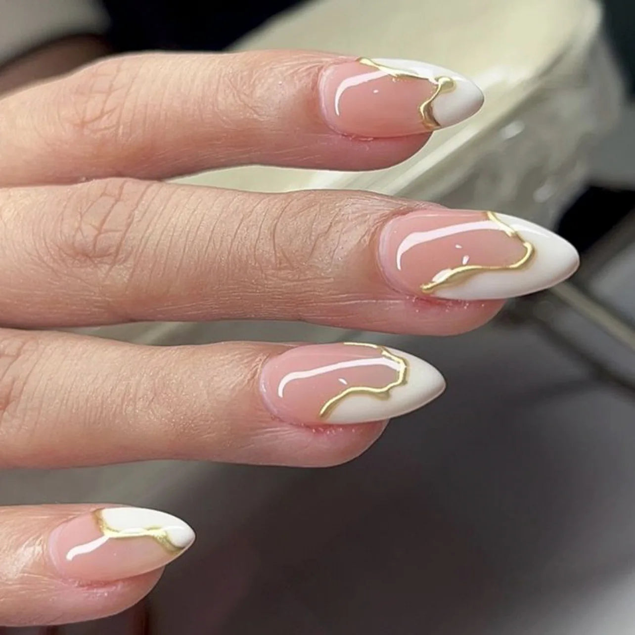 24Pcs Glamorous French Almond Fake Nails with Gold Edge Glitter - Stunning Swirl Metal Nail Art for Effortless Elegance