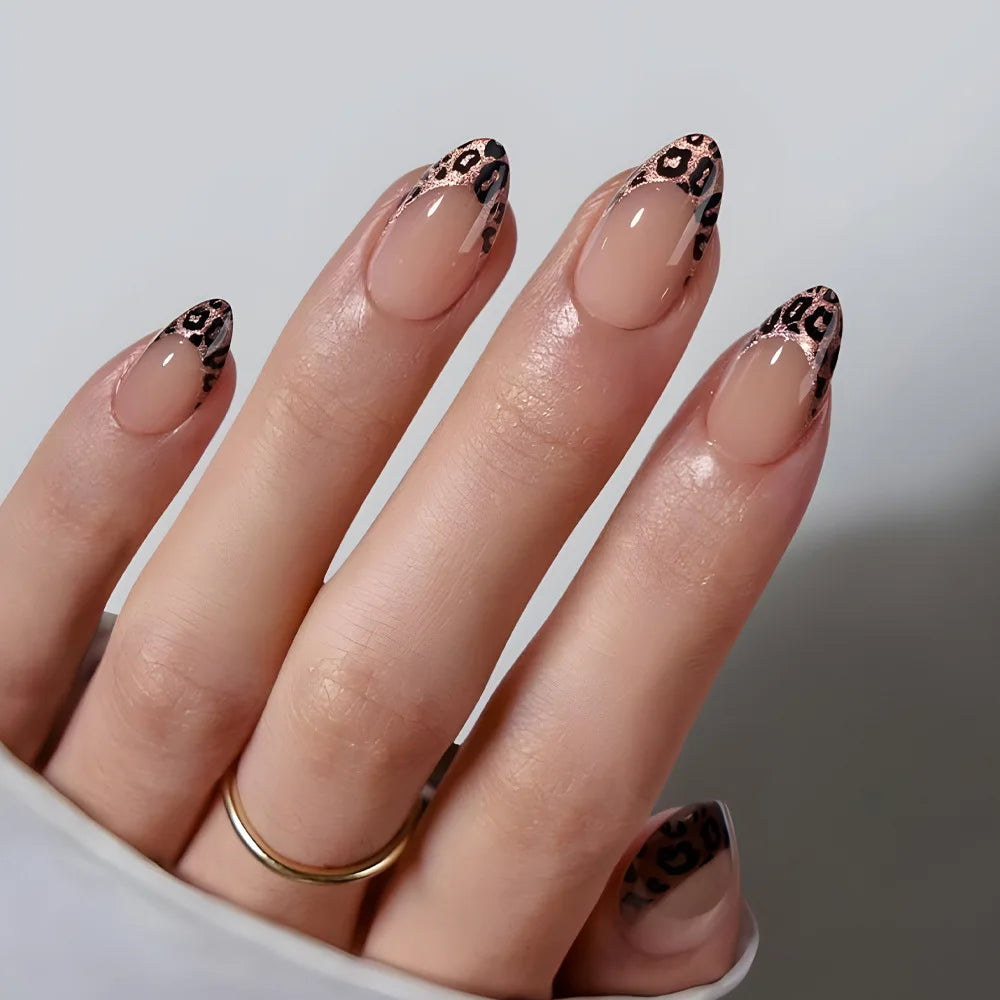 24Pcs Glamorous French Almond Fake Nails with Gold Edge Glitter - Stunning Swirl Metal Nail Art for Effortless Elegance