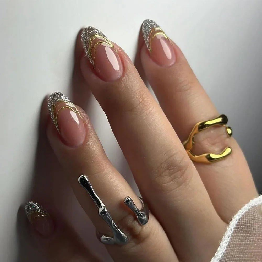 24Pcs Glamorous French Almond Fake Nails with Gold Edge Glitter - Stunning Swirl Metal Nail Art for Effortless Elegance