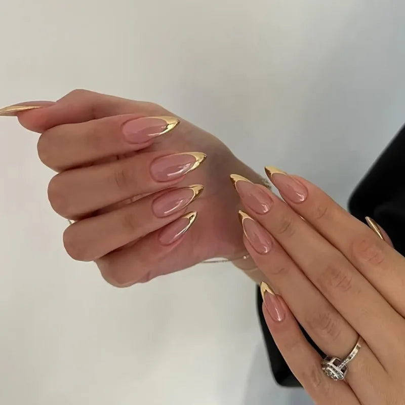 24Pcs Glamorous French Almond Fake Nails with Gold Edge Glitter - Stunning Swirl Metal Nail Art for Effortless Elegance