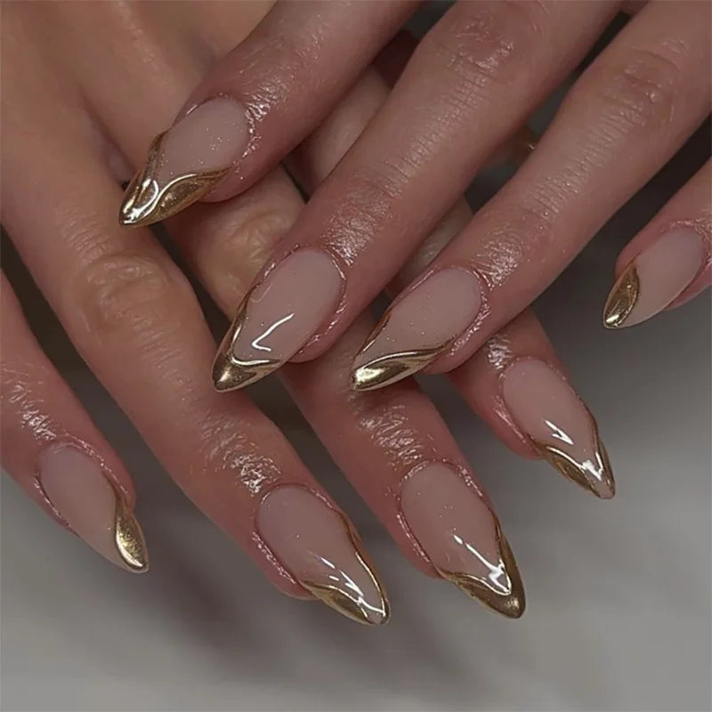 24Pcs Glamorous French Almond Fake Nails with Gold Edge Glitter - Stunning Swirl Metal Nail Art for Effortless Elegance
