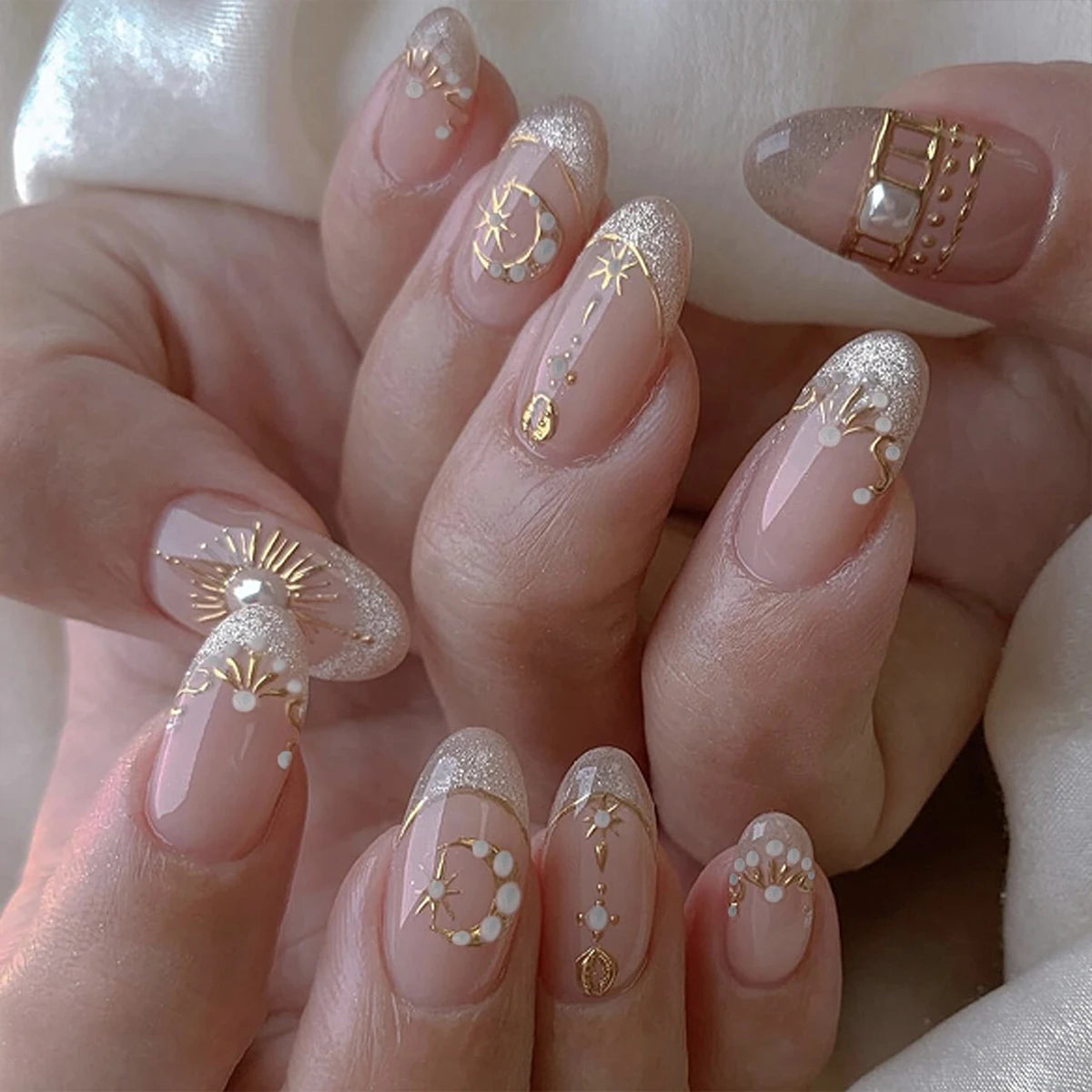 24Pcs Glamorous French Almond Fake Nails with Gold Edge Glitter - Stunning Swirl Metal Nail Art for Effortless Elegance