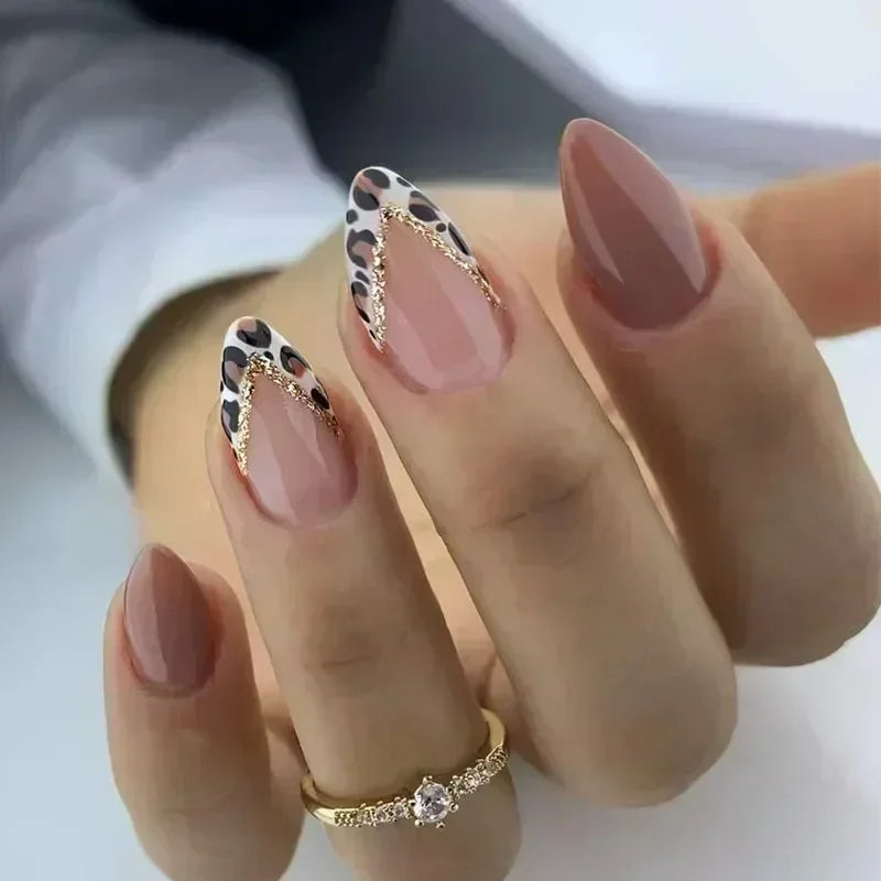 24Pcs Glamorous French Almond Fake Nails with Gold Edge Glitter - Stunning Swirl Metal Nail Art for Effortless Elegance