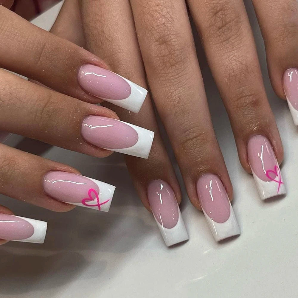 Elevate Your Style with 24Pcs Short Square Fake Nails - Cute Bride Heart White French Tips for Effortless Glam!