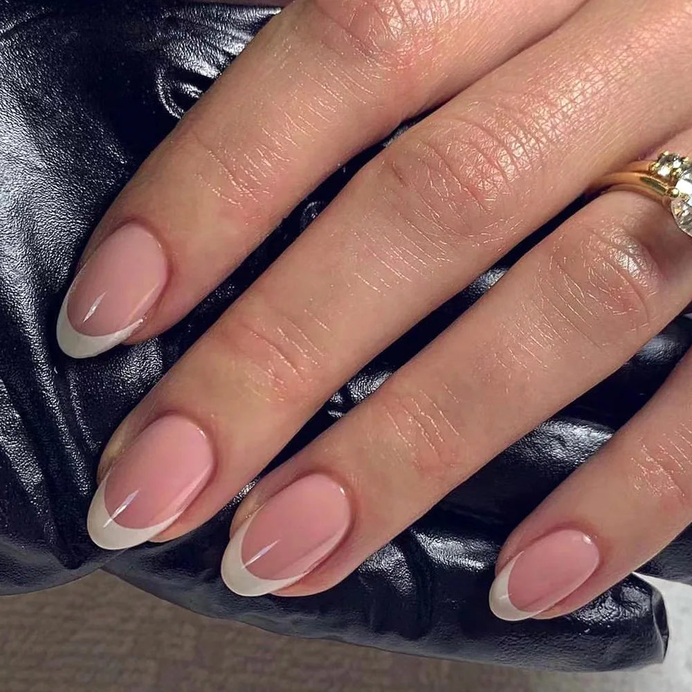 24Pcs Glamorous French Almond Fake Nails with Gold Edge Glitter - Stunning Swirl Metal Nail Art for Effortless Elegance