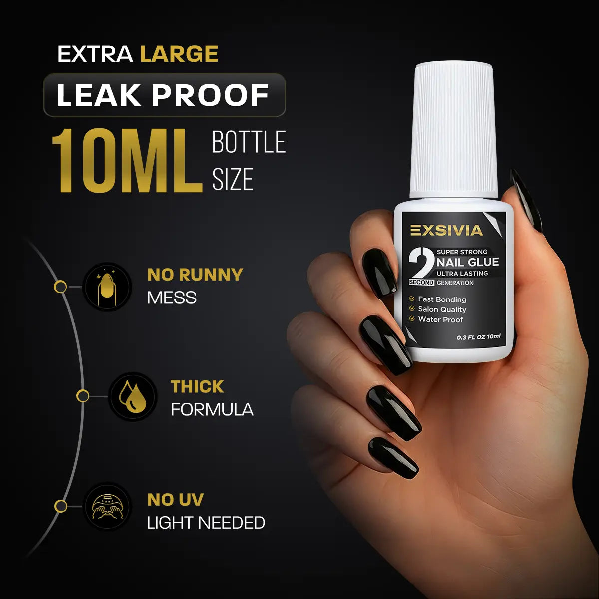 Exsivia 2Nd Gen Strong Hold 10Ml Nail Glue - Salon Quality, Extra Strength for Acrylic, Press-On, Fake Nails and for All Kind of Nails
