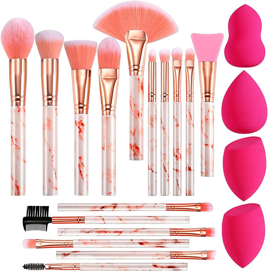 Elevate Your Makeup Game with the 16PCS Pink Marble Makeup Brushes Set - Complete with Sponges and Tools for Flawless Application