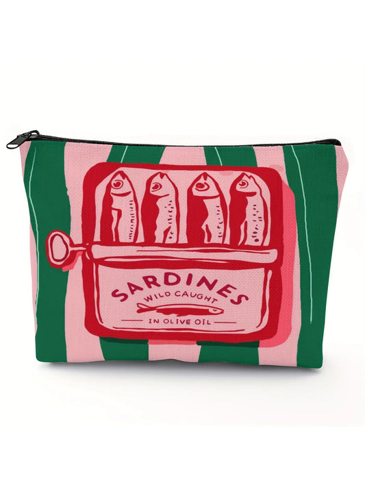 Vintage Sardine Pattern Makeup Bag, Cosmetic Bag, Foldable Zipper Pouch, Unisex Travel Organizer, Gift for All Occasions, Cartoon Design