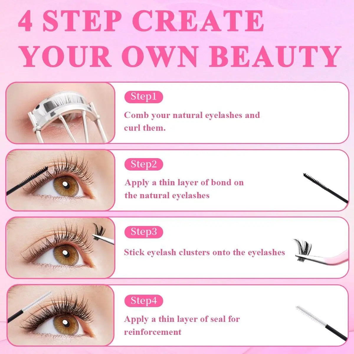 Large Capacity DIY Lashes Clusters Kit, D Curl Mixed Length, Light Soft False Lashes, Individual Lashes Thick Cluster Lashes, Long-Lasting, Includes Bond&Seal Brush and Tweezer, Beginner Friendly