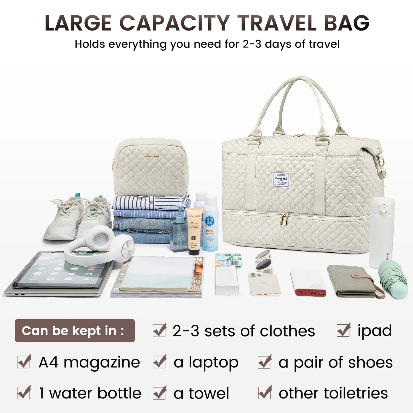 LOVEVOOK Weekender Bag Travel Duffel Bag with Shoe Compartment and Toiletry Bag for Women, Hospital Bag for Mom, Carry on Overnight Bag, Travel Essentials. Tiktokshopbacktoschool