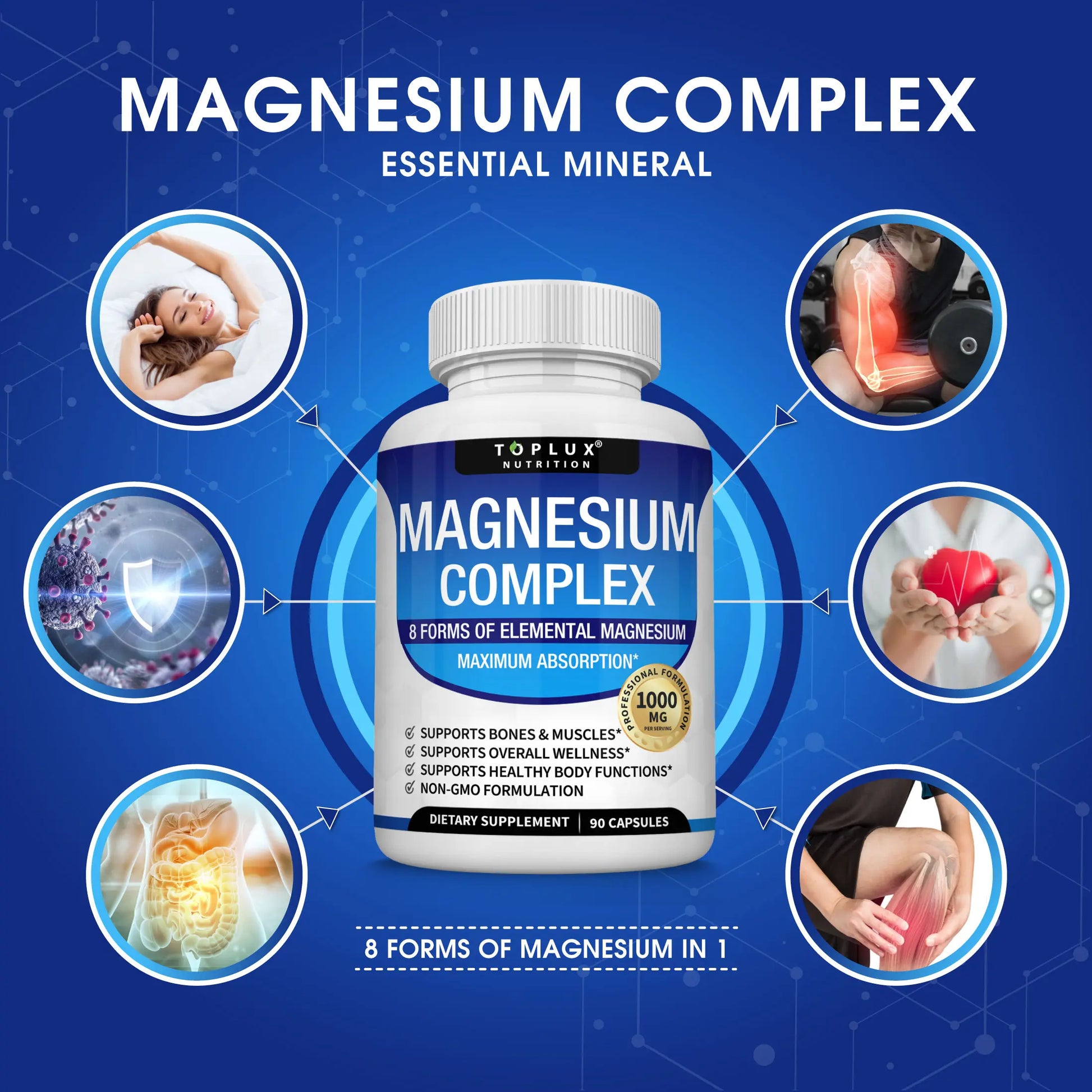 Experience Optimal Wellness with Toplux Magnesium Complex - The Essential 8-in-1 Magnesium Supplement for Restful Sleep and Muscle Support