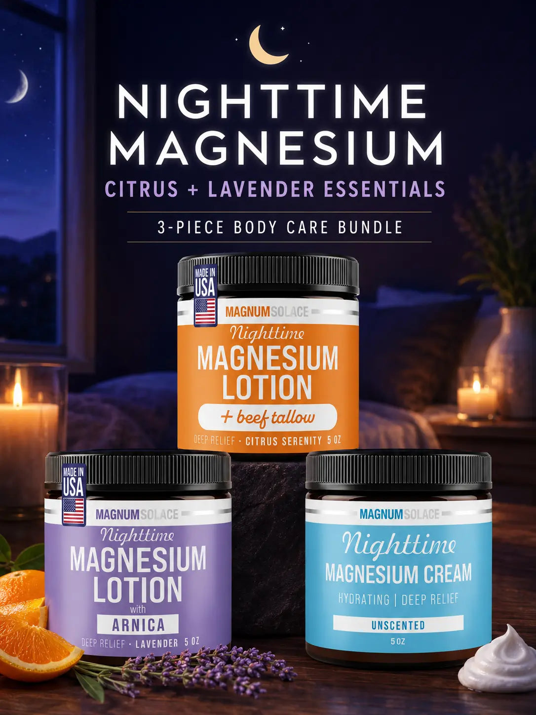 Indulge in Relaxation: Nighttime Magnesium Body Care Bundle with Lavender, Citrus & Unscented Options – 3 Full-Size Essentials for Nourishing Skin
