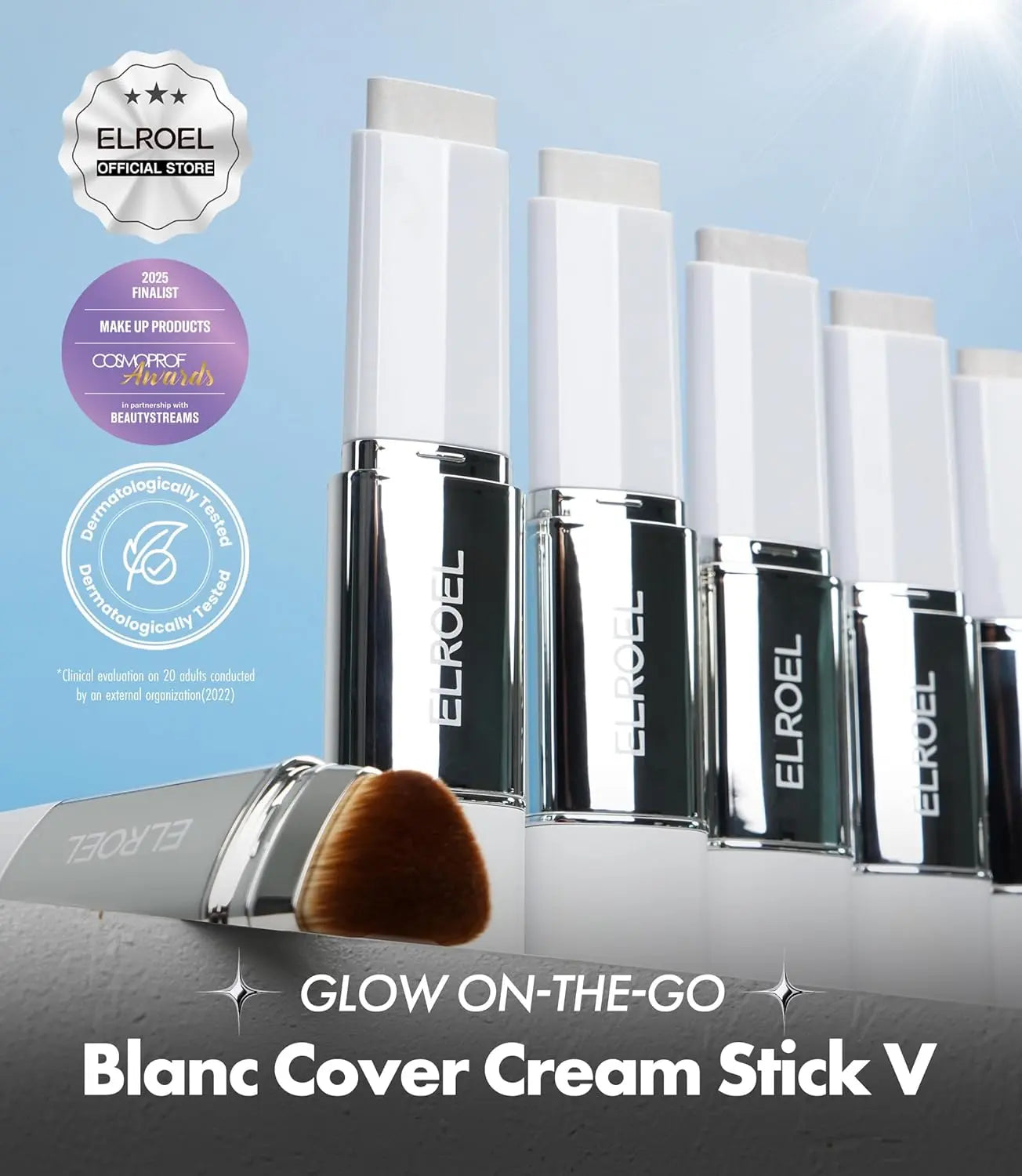 [ELROEL Official Store] ELROEL Blanc Cover Cream Stick V White - Korean Color-Changing Foundation Stick with Volufiline - Medium to Full Coverage Dewy Finish Base Makeup - Dual-Ended with Detachable Brush (13G, 0.04 Oz)
