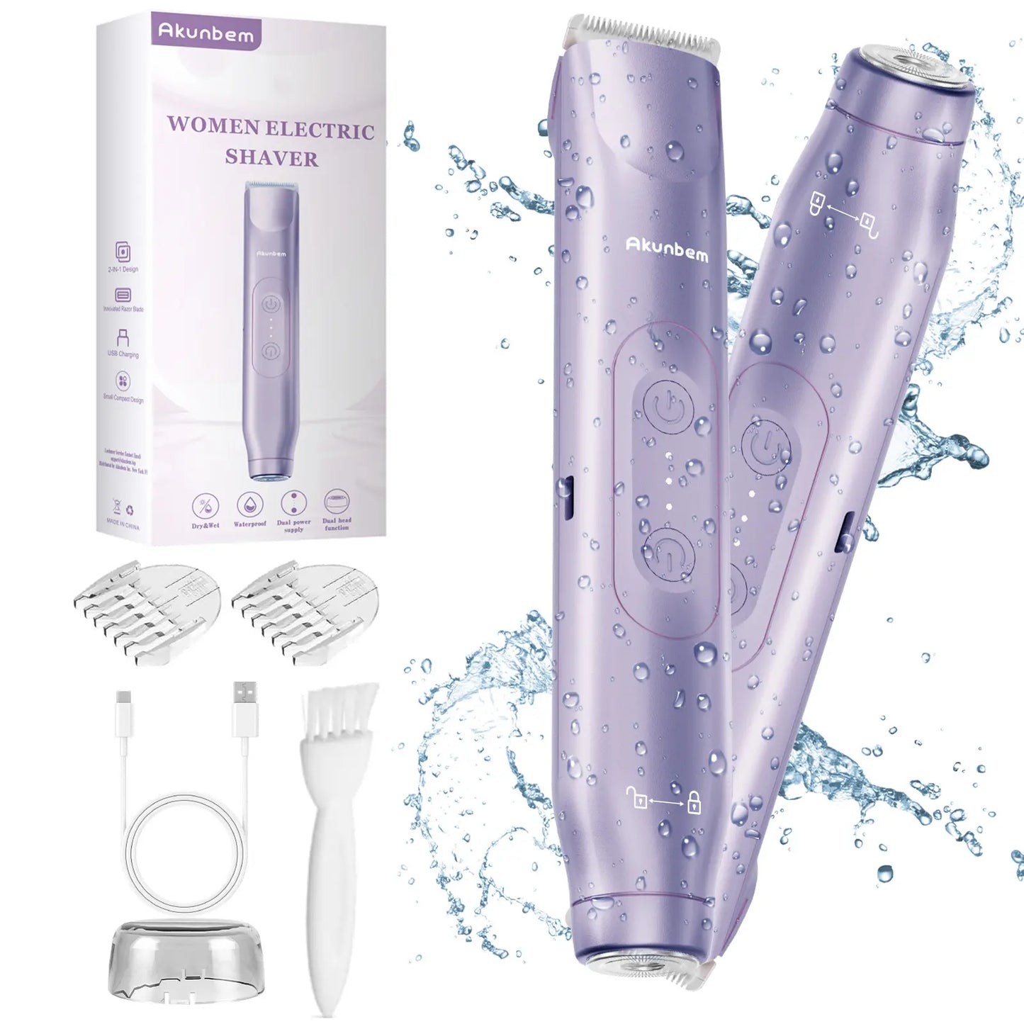 Akunbem Bikini Trimmer for Women, Electric Shaver and Razor Rechargeable 2-In-1 Body and Facial Epilator, Dual Heads for Painless Trimming of Pubic Hair, Face, Underarms and Legs, IPX7 Waterproof. Christmas Gift New Year Gift Shaving Grooming Tiktokshopba