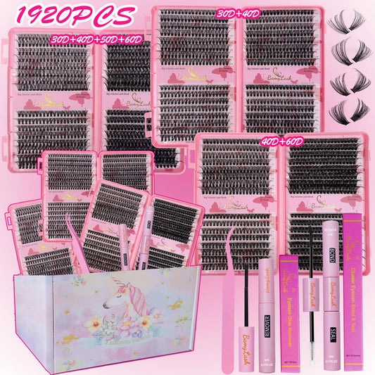 1920Pcs Mixed Styles Lash Clusters Kit (4 Boxes, 30D-60D, 10-18Mm Wispy), Portable Makeup Bag Kit with Lash Bond and Seal, Natural Studio Effect Individual Eyelashes Extensions