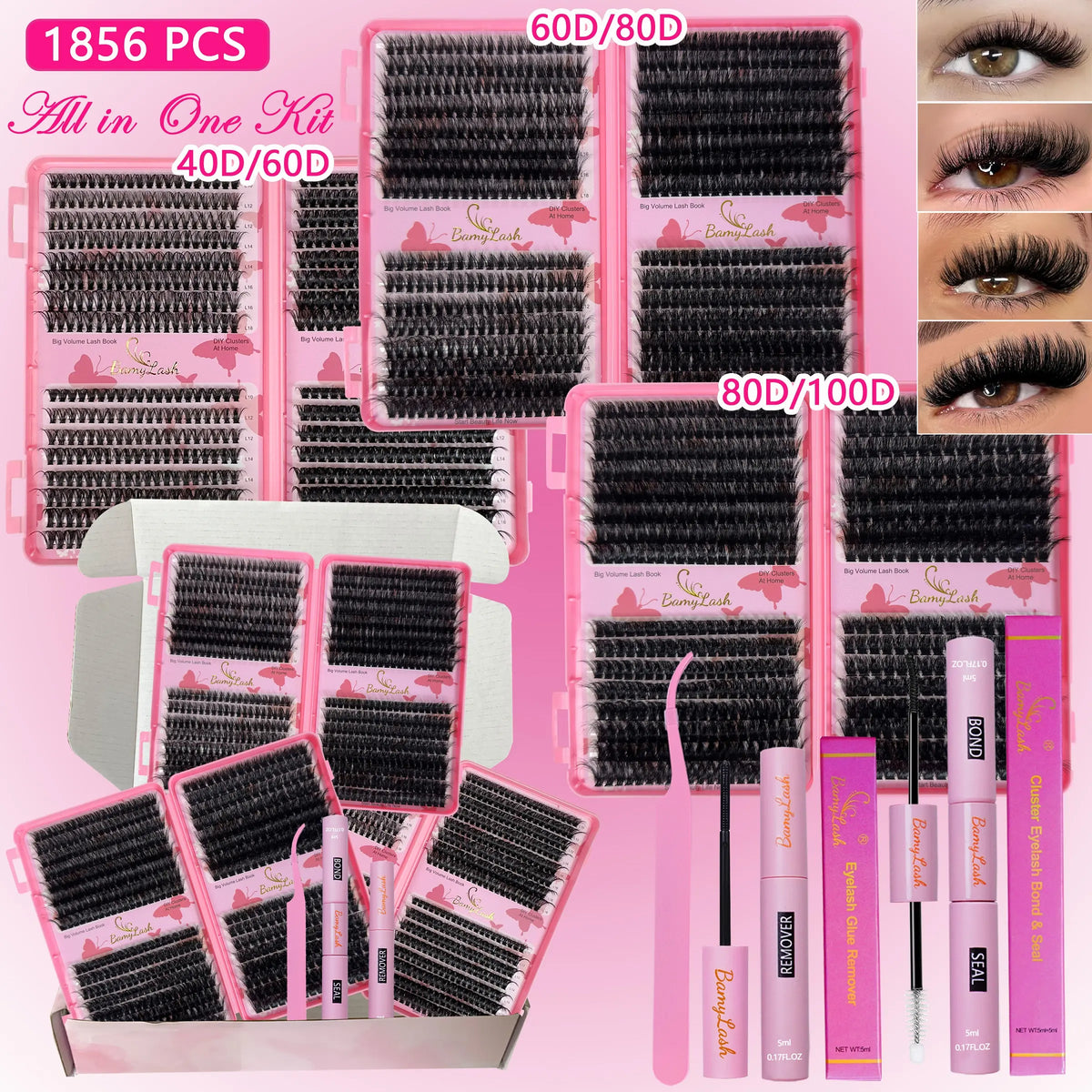 1920Pcs Mixed Styles Lash Clusters Kit (4 Boxes, 30D-60D, 10-18Mm Wispy), Portable Makeup Bag Kit with Lash Bond and Seal, Natural Studio Effect Individual Eyelashes Extensions