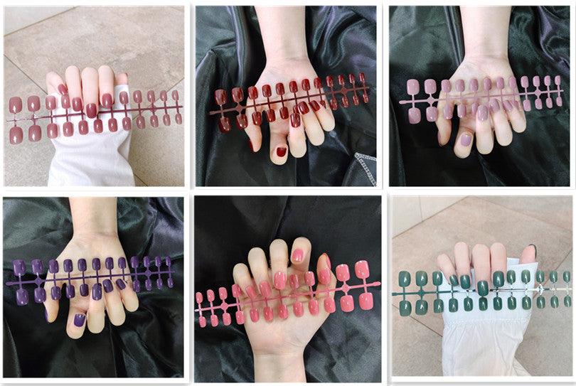 Short Square And Round Solid Color Sequins Wear Fake Nails