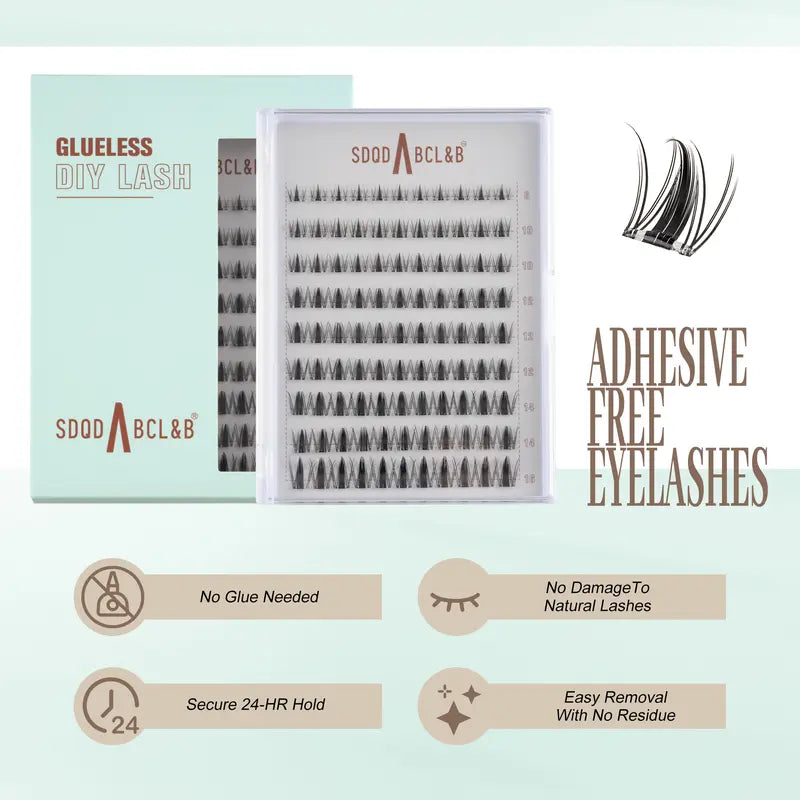 [Wildcat] D-Curl Shape Cluster Lashes Kit - 8-16Mm 0.03Mm Jelly-Coated Base No-Glue Self-Adhesive Cosmetic Lashes, Tweezers, Handheld Mirror, Beginner-Friendly Lightweight Gentle Latex-Free PBT Hypoallergenic Press-On False Eyelashes (Home Makeup Gift)