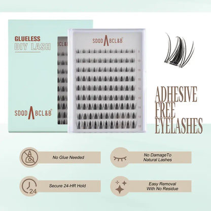 [Wildcat] D-Curl Shape Cluster Lashes Kit - 8-16Mm 0.03Mm Jelly-Coated Base No-Glue Self-Adhesive Cosmetic Lashes, Tweezers, Handheld Mirror, Beginner-Friendly Lightweight Gentle Latex-Free PBT Hypoallergenic Press-On False Eyelashes (Home Makeup Gift)
